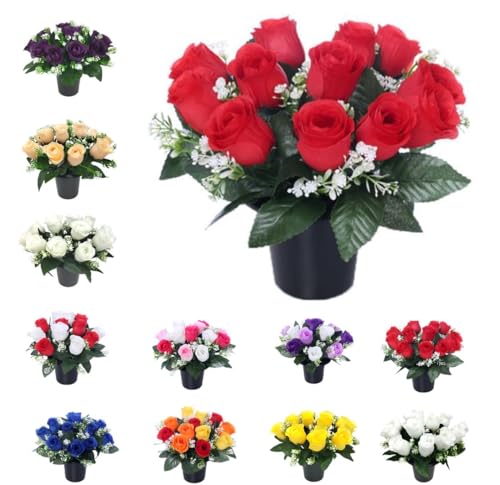 Mr. Barry’s Rose Artificial Flowers in Grave Flower Pots – UV-Resistant, Realistic, Long-Lasting Design for Cemetery, Grave Displays, Memorial Tributes, Home & Garden Floral Arrangements (Red)