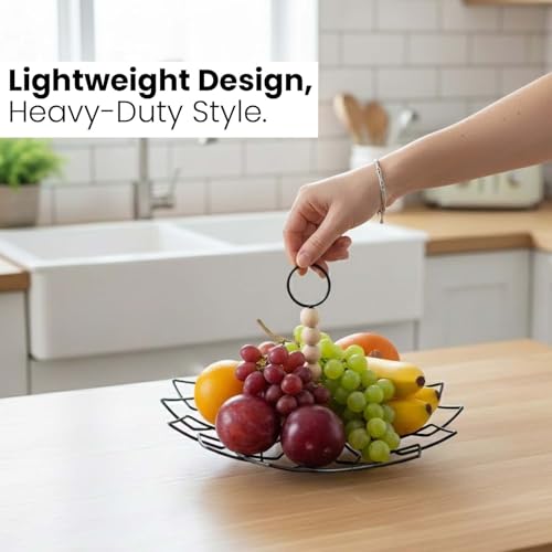 Image of Go Hooked Metal Fruit Basket with Detachable Wooden Bead Handle 26Cm | Decorative Wire Fruit Bowl for Home & Dining | Rust-Resistant Iron Basket for Fruits, Vegetables, Snacks & Home Storage