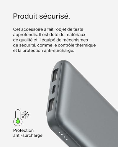 Belkin Batterie Externe 10000mAh, Chargeur Externe, 1 Port USB-C et 2 Ports USB-A, jusqu'à 15 W, câble USB-A vers USB-C, Batterie Portable, Power Bank pour iPhone, Galaxy, Pixel, iPad- Gris sidéral