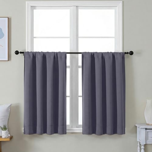 Image of Simplebrand Ava Greyish Purple Short 36 Inches Blackout Curtain 2 Panels Set, Half Window Rod Pocket Privacy Curtain Tiers for Kitchen, Curtains Blackout for Bathroom Shades, W40 x L36 Inch