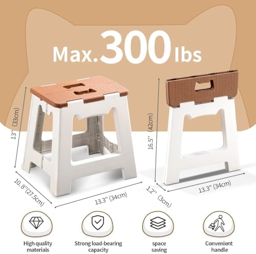 Image of Premium Folding Step Stool for Adults and Kids Non-Slip Folding Stools with Portable Handle, Compact Plastic Foldable Step Stool for Bathroom,Bedroom, Kitchen (Brown)