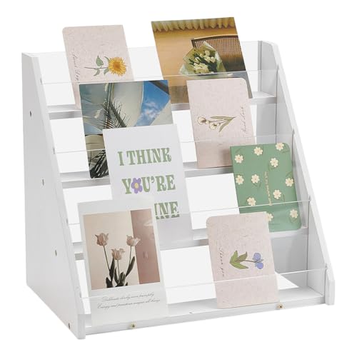 UNICRAFTALE HOMEabout - Soporte de exhibición de tarjetas de felicitación de 4 niveles, acrílico de bambú, soporte portátil para tarjetas postales, mostrador blanco, estante de exhibición para