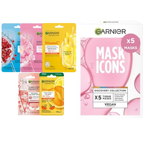 Garnier Mask Icons Discovery Collection - Face & Eye Sheet Masks Set for Dehydrated, Dull and Tired Skin, includes Vitamin C*, Hyaluronic Acid, Niacinamide - Pack of 5 sheet Masks