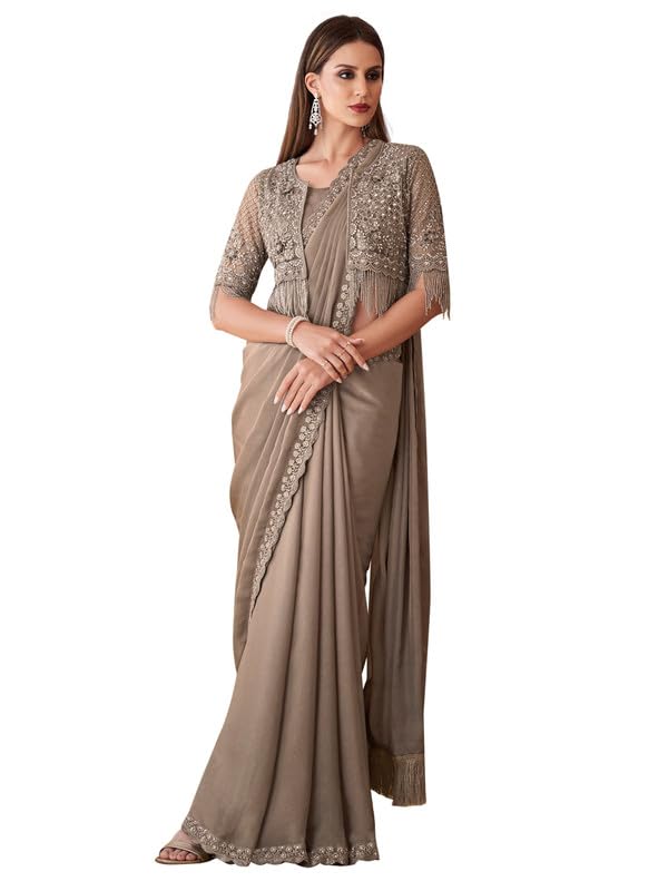 Image of AKHILAM Women's Heavy Georgette Sequence Work & Unstitched Jacket Saree With Unstitched Blouse Piece