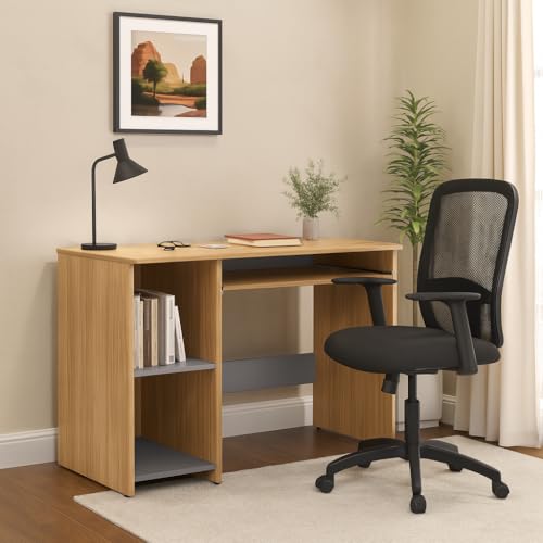 Image of 104x50x75CM Engineered Wood Study Table with Keyboard Tray & 2 Open Storage Shelves for Home, Office | Moisture Proof Computer, Laptop Table | 1 Year Warranty- Urban Teak&Grey