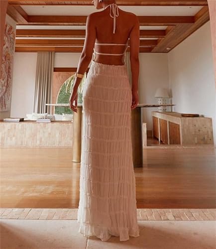Image of Women Halter Ruched Maxi Dress Backless Sleeveless Long Dress Bodycon See Througn Pleated Sundress Beachwear