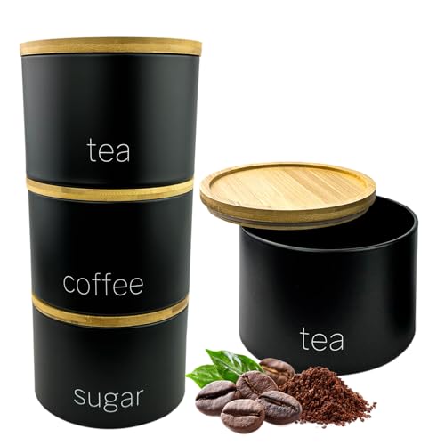 Black Set of 3 Tea Coffee Sugar Canisters Pots Stackable Food Storage Container Jars Tin Sugar