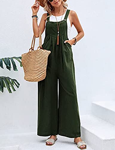 Rxozrxoz Womens Wide Leg Overalls Loose Fit Button Baggy Cotton Linen Bib Jumpsuits With Pockets(Armygreen-S) #TOP1