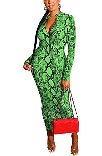 PRIMODA Women s Long Sleeves Mock Neck Snake Print Zipper Bodycon Maxi Long Dress Party Clubwear(Green L)