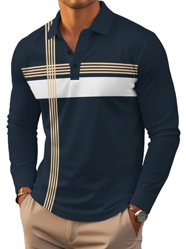 Mens Fashion Long Sleeve Polo Shirts Casual Golf Shirts Color Block Cotton Top