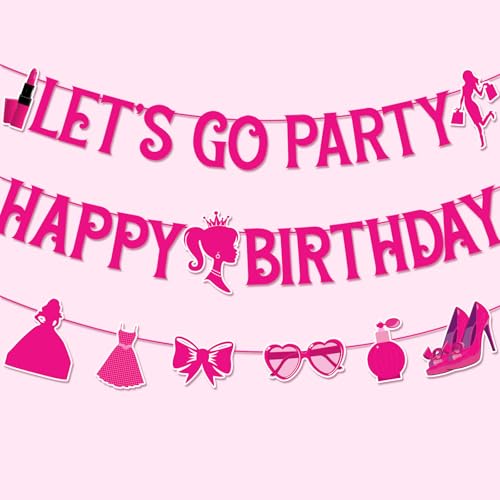 Lets Go Party Happy Birthday Banner Pink Princess Banners for Girl Doll Theme Party For 21st Bday Party Supplies Ideas Favors