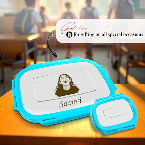 Image of SAVRI Personalized Kids Stainless Steel Lunch Box Blue- Customized Photo & Name Laser Printed Tiffin Box | Leakproof School Snack Storage for Boys & Girls | Birthday Return Gift, Daycare & Picnic Use
