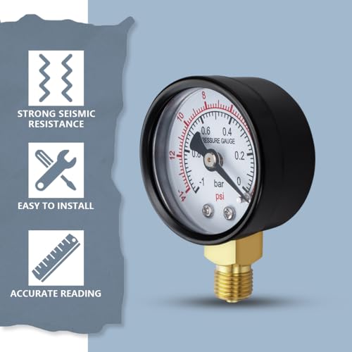 Innfeeltech 1 Stück 40mm Vakuum Manometer BSP 1/8„ -1~0 Bar -14~0 Psi mit 3 Stück Buchsen 1/8“ bis 1/4„, 1/8“ bis 3/8„ und 1/8“ bis 1/2“ und einem Teflonband, Radial