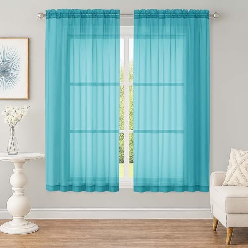 Image of OWENIE Sheer Turquoise Curtains, Sheer Curtains 63 inch Length 2 Panels Set, Rod Pocket Voile Fimly Sheer Drapes for Living Room Bedroom, 2pcs, Turquoise, Each 59 inch W x 63 inch L