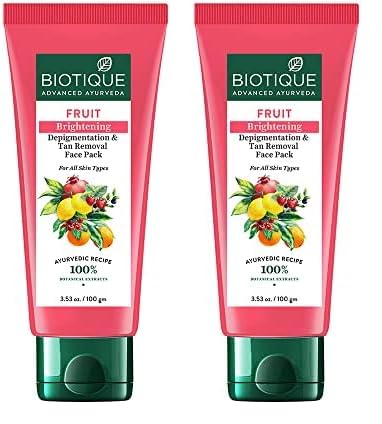 Biotique Fruit Brightening Depigmentation and Tan Removal Face Pack| Ayurvedic and Organically Pure| Tan Removal Face Pack for All Skin Types|100% Botanical Extracts| 100gm (Pack of 2)