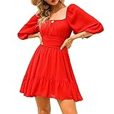 EXLURA Women's Lantern Sleeve Tie Back Casual Dresses Ruffled Off Shoulder A-Line Vintage Mini Dress Red