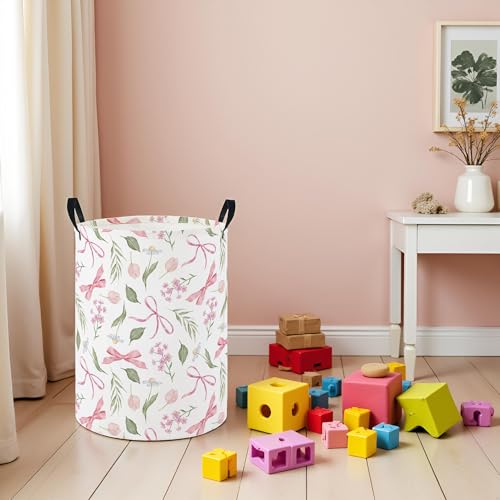 Image of Baby Laundry Hamper Basket Baby Hamper for Nursery Boy and Girl Cute Storage Bin Organizer Boho Room Decor(Flower Bowknot)