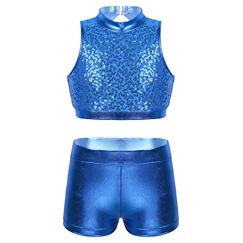 Image of easyforever Kids Girls 2PCS Shiny Mermaid Scales Ballet Dance Outfit Crop Top with Short Tankini Swimsuit
