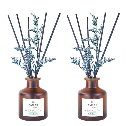 TIENDIFY - Ambientador Mikado Decorativo Ambar Zen | 40 ml con Flor Ornamental | Difusor de Varillas para hogar Oficina y salón Ideal para Espacios Interiores (2 Unidades, Palo Santo)
