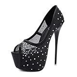  Dearney Damen Stiletto Peeptoe High Heels Plateau Pumps Glitzer Strass Mesh 16cm Absatz Damenschuhe(Schwarz,40)
