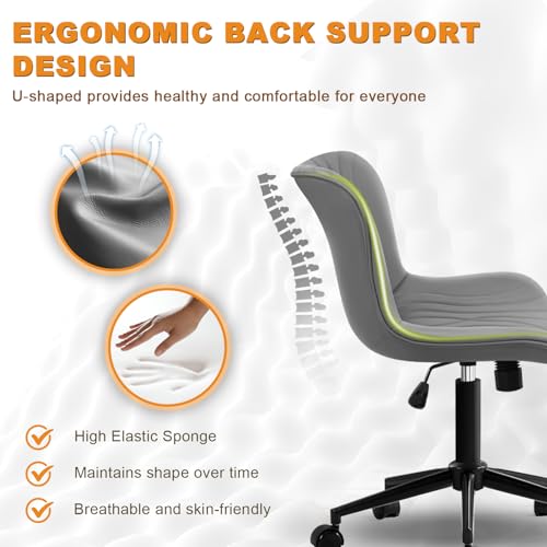 Image of Armless Office Chair, Height Adjustable Desk Chair with Wheels, Ergonomic Comfy 360 Swivel Home Office Computer Task Chair, Faux Leather Padded Cute Vanity Chair, Gray