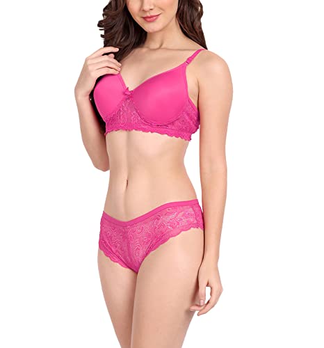 Image of FIMS - Fashion is my style Women Cotton Floral Lace Padded, Non-Wired, Full Coverage, Seamless Bra Panty Set, Multicolor, Lingerie Set