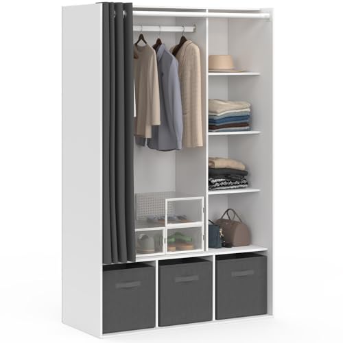 IDMarket DIANE - Vestidor de armario (105 x 45 x 167 cm), color blanco con estantes + cajas de almacenamiento + cortina gris