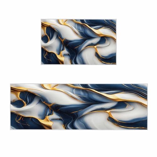 2 Pieces Kitchen Rugs and Mats,Abstract Gold Blue Artwork Area Runner Rug Set Non Slip Floor Doormat Washable Carpet Standing Mat for Kitchen Sink Indoor Corridor,Modern Marble Texture Fluid Art