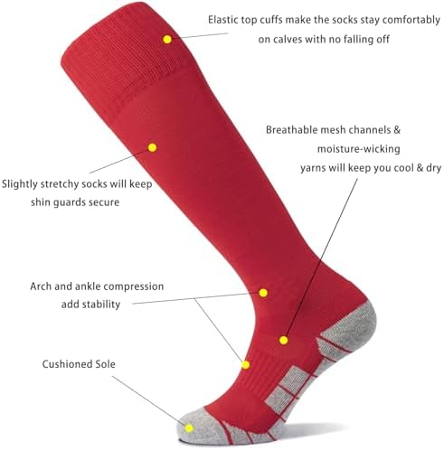 CWVLC Youth Soccer Baseball Socks 3 Pairs, Football Sport, Softball Team Athletic Socks, Knee High Long Tube Cotton Arch Ankle Compression Socks, Red, Medium — view 3