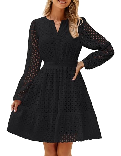 ZESICA Women's 2025 Long Sleeve Mini Dress Fall V Neck Hollow Out Eyelet Embroidery Ruffle A Line Swing Short Dresses