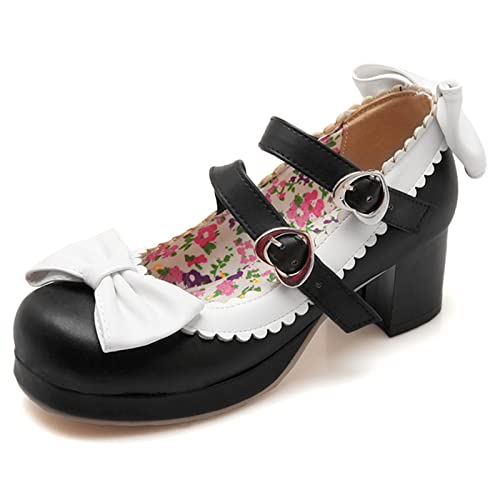 Mary Janes femme talon carré et bout rond Lizoleor avec bride cheville robe nœud noir