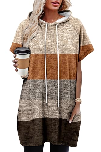 KISSMODA Women's Summer Earth Tone Color Block Lightweight Hooded Top Short Sleeve - Breathable for Office Casual Breaks (Size L)