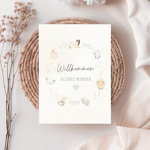 Glückwunschkarte zur Geburt Baby Boho geschlechtsneutral, Grußkarte Willkommen kleines Wunder Aquarell, Beige Baby Karte A6 mit Umschlag Geld Geschenk Junge Mädchen (1 Karte mit Umschlag)