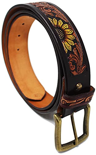 CHALLENGER 39-40 Western 1 1/2" Wide Rodeo Fashion Sunflower Tooled Leather Belt 26FK093