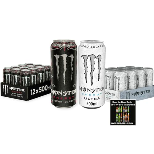 Monster Energy Mix Ultra Black & Ultra White |24 x 500ml Dosen | Zuckerfrei | Energy Drink mit Koffein & Vitaminen- Inkl. Haus der Biere Berlin Bierdeckel