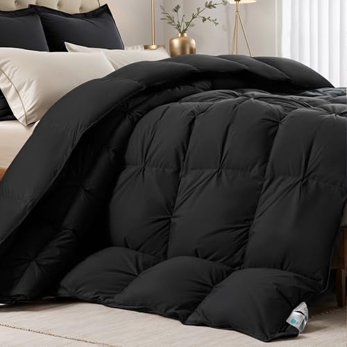 KAKABELL Pinch Pleat Goose Down Feather Fiber Comforter Full/Queen Size Breathable Fluffy Black Duvet Insert with Cotton Fabric 750+Fill Power All Season Hotel-Quality Bed Comforter 90 x 90