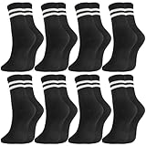 Utensilsto 8 Paare Socken Damen 35-38 Tennissocken Weiß Schwarze Sportsocken Lange Damen Socken mit Streifen Motiv Baumwollsocken für Tennis Sport schwarz