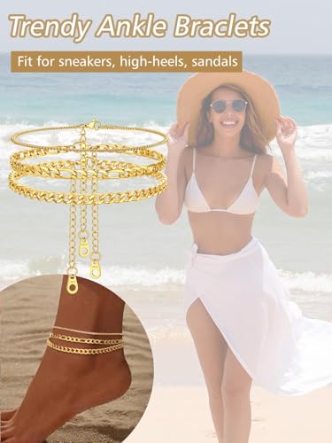 Image of FindChic Black /Silver /Gold Plated Anklets Set of 2PCS /3PCS Herringbone Chain Cuban Link Heart Charm Sparkling Tennis Ankle Bracelets, Waterproof Summer Foot Jewelry for Beach