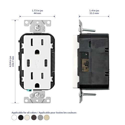 Image of Leviton 30W (6A) USB Dual Type-C /C Power Delivery In-Wall Charger with 15A Tamper-Resistant Outlet, USB Charger for Smartphones, Tablets, Laptops, T5635-G, Gray
