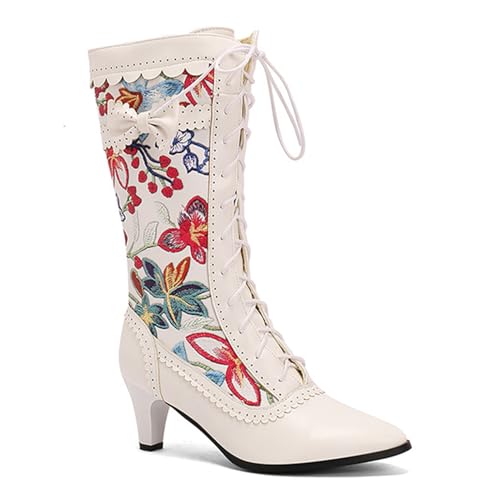 Alyaafifa Lace Up Mid Calf Victorian Boots for Women Kitten Low Heel Closed Round Toe Vintage Gothic Long Boots with Bow Zipper Matte Leather Dress Shoes Comfortable