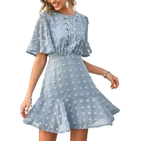 Inshine Women Swiss Dot Short Sleeve Ruffle Flowy Chiffon Swing A-line Short Mini Dresses C_Blue Medium Cover