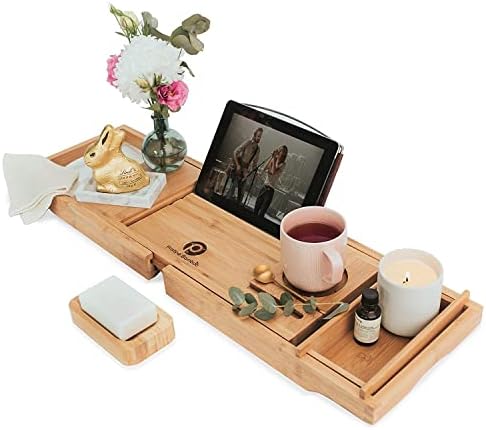 Bamboo Bathtub Caddy Tray for Tub- Expandable Bath Tray - Adjustable Organizer Tray for Bathroom for Luxury Spa - Book Holder, Tablet Smartphone and Wine Holder (Natural) by Pristine Bamboo