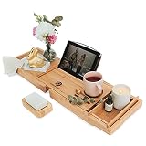 Bamboo Bathtub Caddy Tray for Tub- Expandable Bath Tray - Adjustable Organizer Tray for Bathroom for