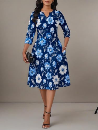 Image of PinkPatty Women's Casual 3 /4 Sleeve Midi Dresses Fit and Flare Church Work Dress with Pockets