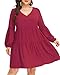 Pinup Fashion Women's Casual Long Sleeve Dress Plus Size Burgundy Red V Neck Tunic Tiered Babydoll Flowy Ruffle Short Dresses