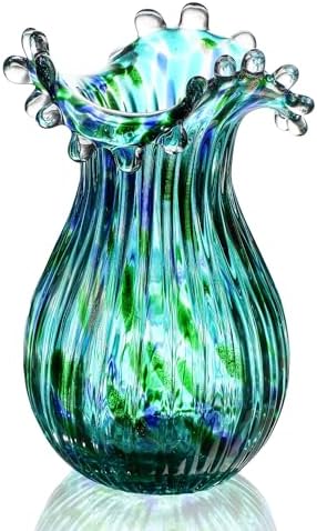 Green Glass Bubble Vase for Flowers, 8.5" Blown Glass Vase for Ho...