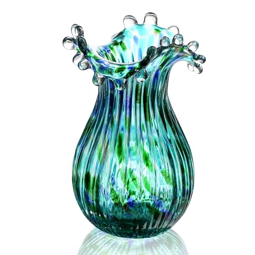 Green Glass Bubble Vase for Flowers, 8.5″ Blown Glass Vase for Home Decor, Modern Art Flower Vases Decorative | Table Centerpiece, Olive Plant, Wedding, Living Room, Bookshelf, Office, Entryway