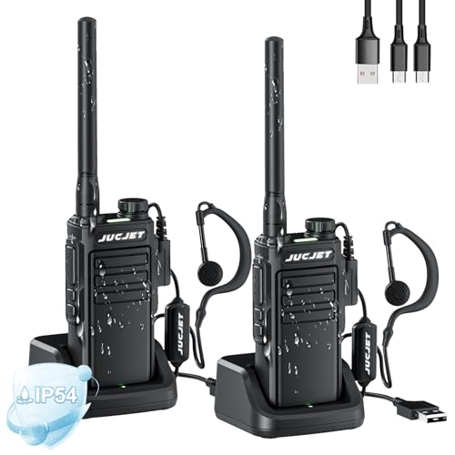 JUCJET EP31 PMR446 Walkie Talkies, IP54 Waterproof Rechargeable Walkie Talkies with 16 Kanäle, 2-in-1 TPYE C Charging Cable, mit USB-Ladestation, Original Earpieces.(Schwarz, 2 Stück)