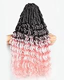 Goddess Faux Locs Crochet Hair - 24 Inches 8 Packs 112 Strands Pre Looped Ombre Black to Pink Synthetic Hair Extensions, Soft Goddess Locs Braids with Long Deep Wave Curly Ends(24'-8 Packs,T1B/Pink)