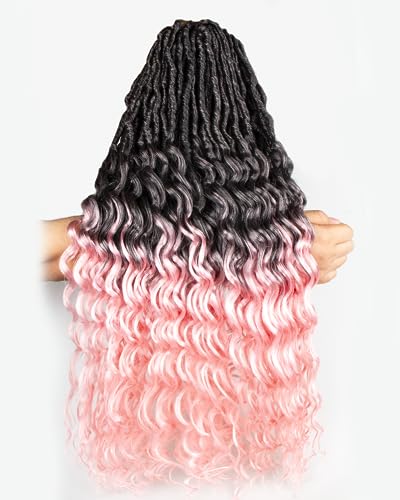 Goddess Faux Locs Crochet Hair - 24 Inches 8 Packs 112 Strands Pre Looped Ombre Black to Pink Synthetic Hair Extensions, Soft Goddess Locs Braids with Long Deep Wave Curly Ends(24"-8 Packs,T1B/Pink)